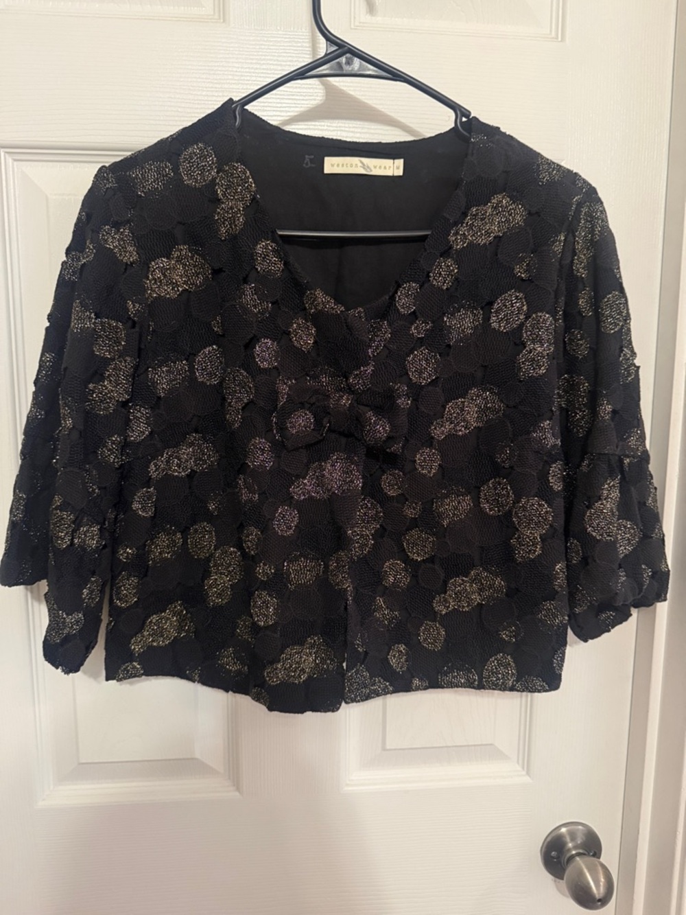 Weston Wear Black Blouse with Metallic Gold Polka Accents and magnetic button